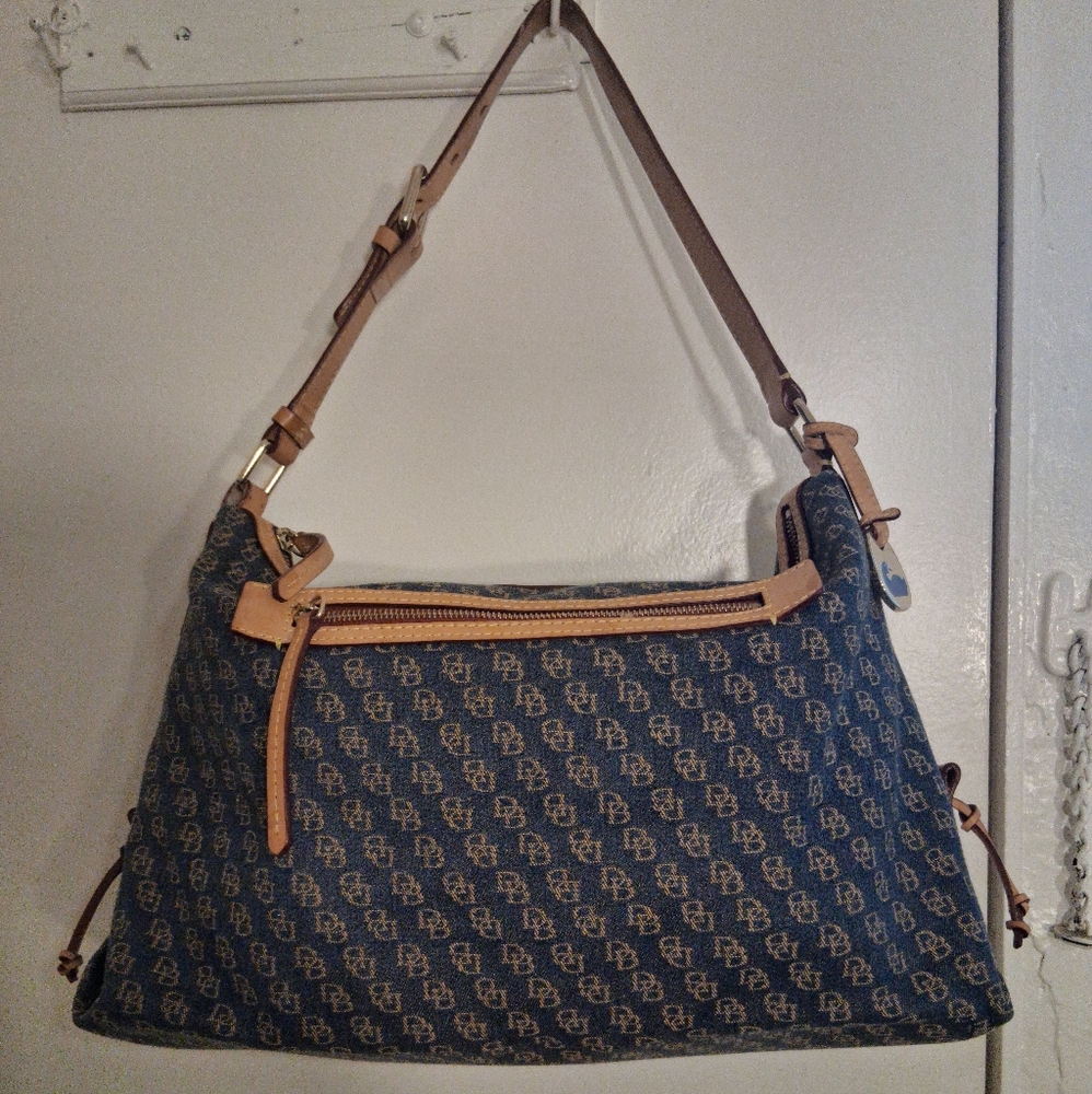Vintage Dooney and Bourkey Blue Jacquard Monogram Top Zipper Tote Shoulder Bag